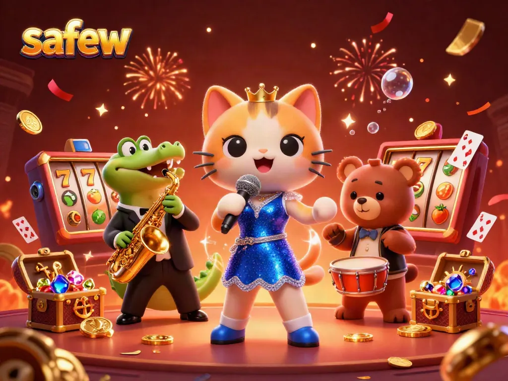 Engage in thrilling gaming with safew, illustrated by a jazz-singer cat and friends in a vibrant casino.