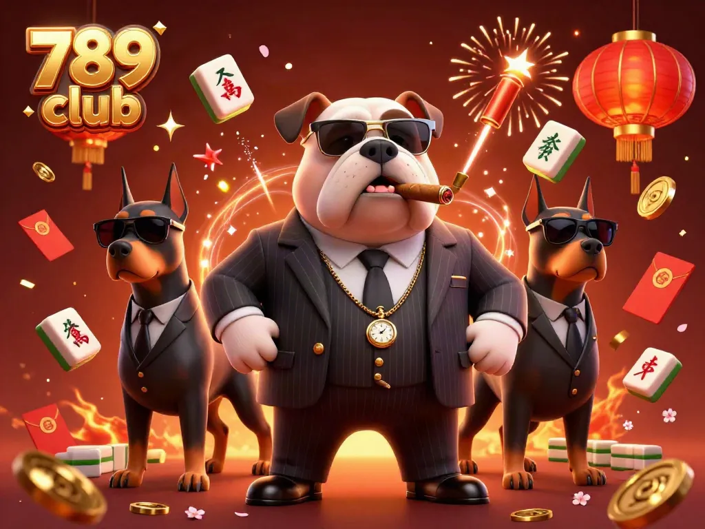 Experience excitement with the 789 club's dynamic gaming scene featuring a mafia bulldog and festive elements.