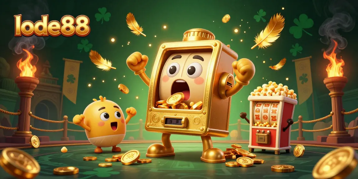 Experience the excitement of lode88 as the golden slot machine hits a jackpot, showering coins everywhere.