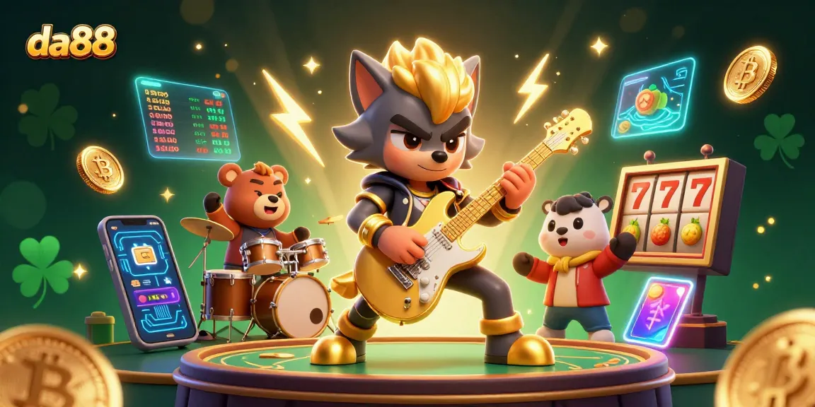 Engage with da88's exciting world of slots featuring a rock star wolf, vibrant coins, and scenic effects.