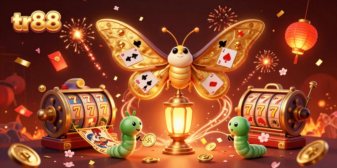 Spin the reels at tr88 with a vibrant 3D illustration depicting an atlas moth and festive casino scenes.