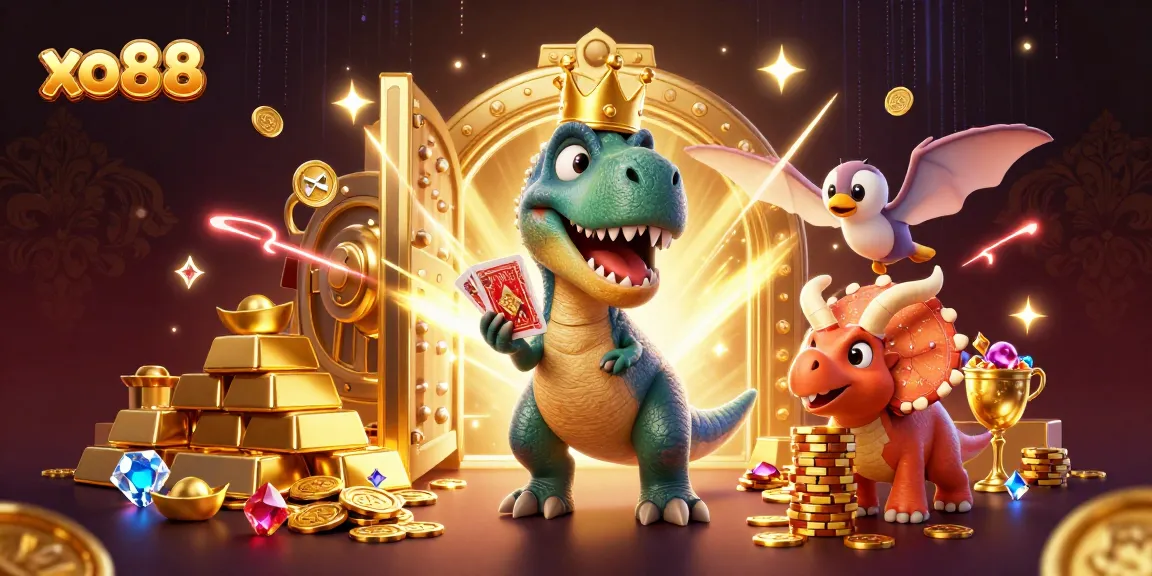 Experience thrilling moments with xo88 as cartoon dinosaurs engage in exciting card games.