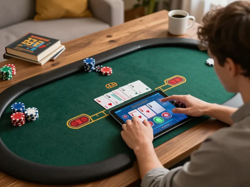 maxpoker88 player engaged in online poker at home, focusing on betting strategies and gameplay.