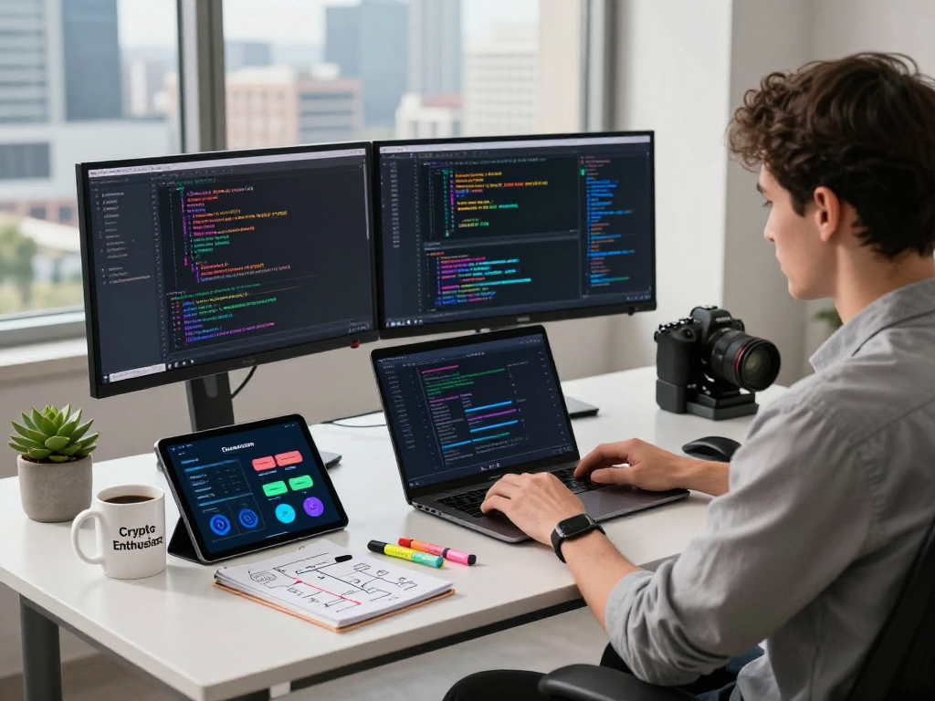 Developer working on usdt0 blockchain technology in a modern office