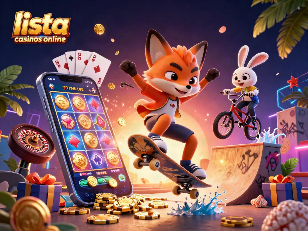 La lista de casinos online muestra un vibrante entorno de juego con un zorro y un conejo en acción.