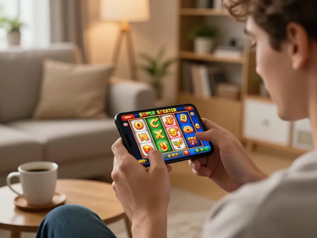 rosalindinnovations player spins Pragmatic Play Super Scatter slot game on smartphone in cozy home setup
