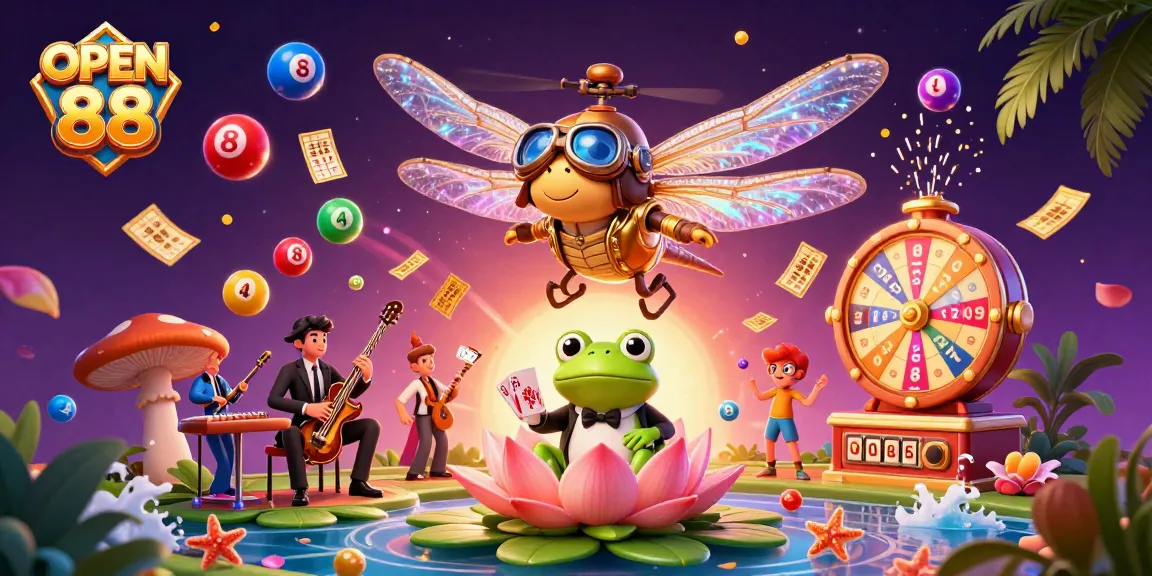 Join the excitement at OPEN 88, where colorful lottery balls and a lively frog croupier create a vibrant casino atmosphere.