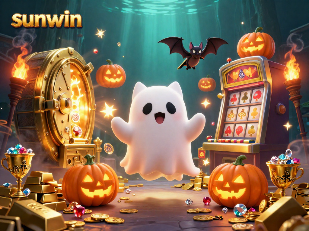Engage in thrilling wins at sunwin with ghostly excitement in a vibrant casino scene.
