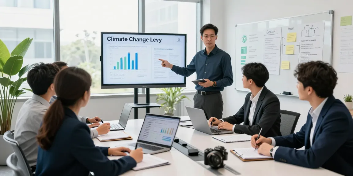 Climate change levy exemption discussion in a vibrant office, highlighting teamwork and energy regulation insights.