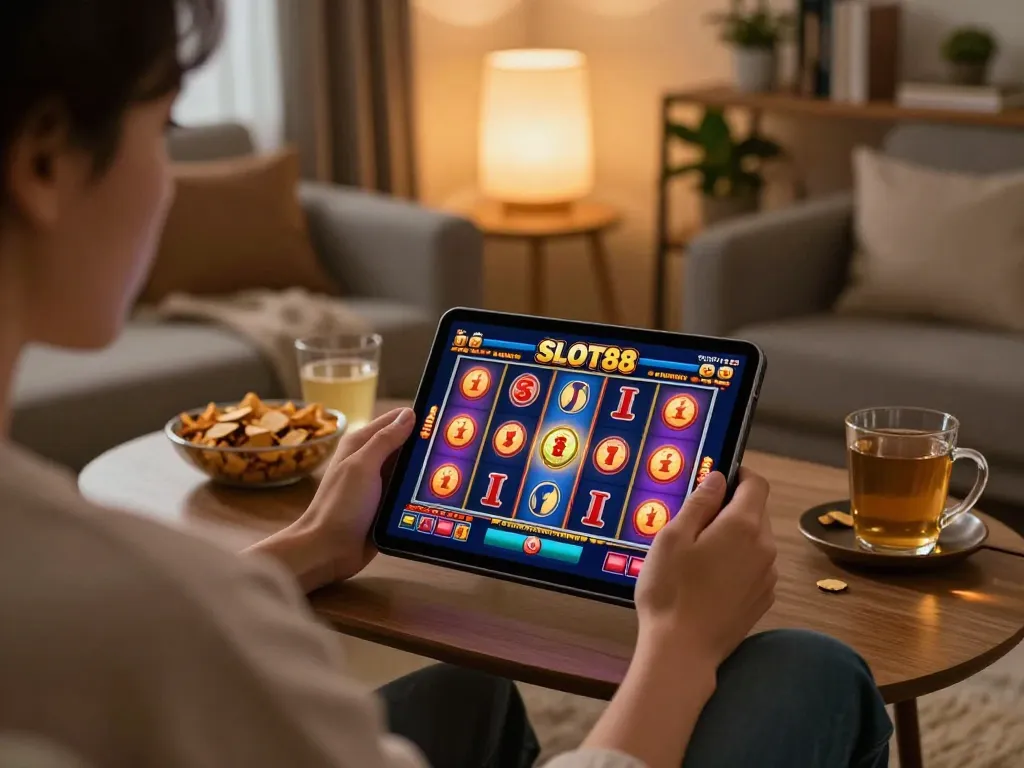 SLOT88 player enjoys engaging slot gaming on a tablet in a cozy living room.