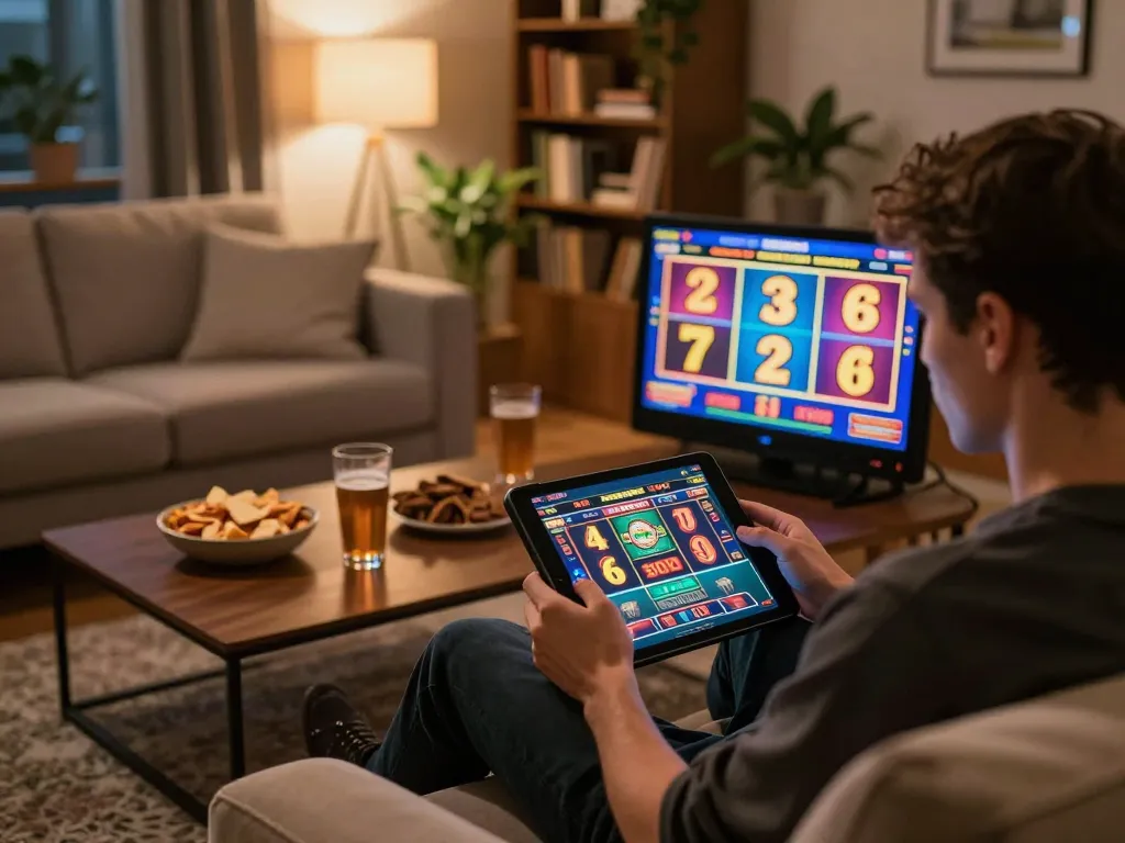 Engaging online gaming moment with cashmyminutes on tablet, showcasing vibrant slot wins and cozy setup.
