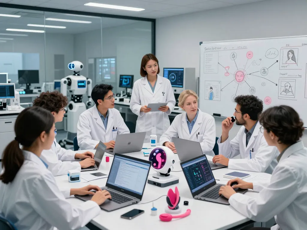 Engaging researchers discussing ai sex technology in a modern lab setup