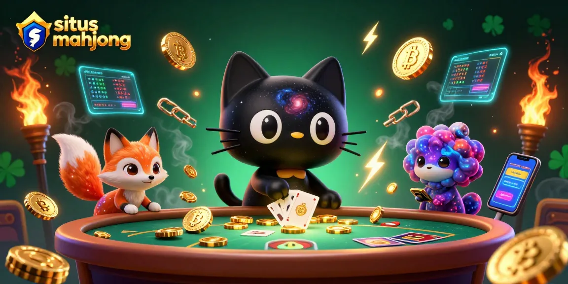 Engage with situs mahjong in a vivid cosmic casino scene featuring a black hole cat and nebula fox.
