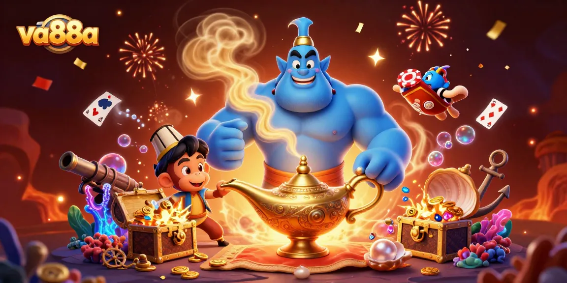 Experience the magic of va88a with a genie, monkey, and immersive gaming elements in this vibrant casino illustration.