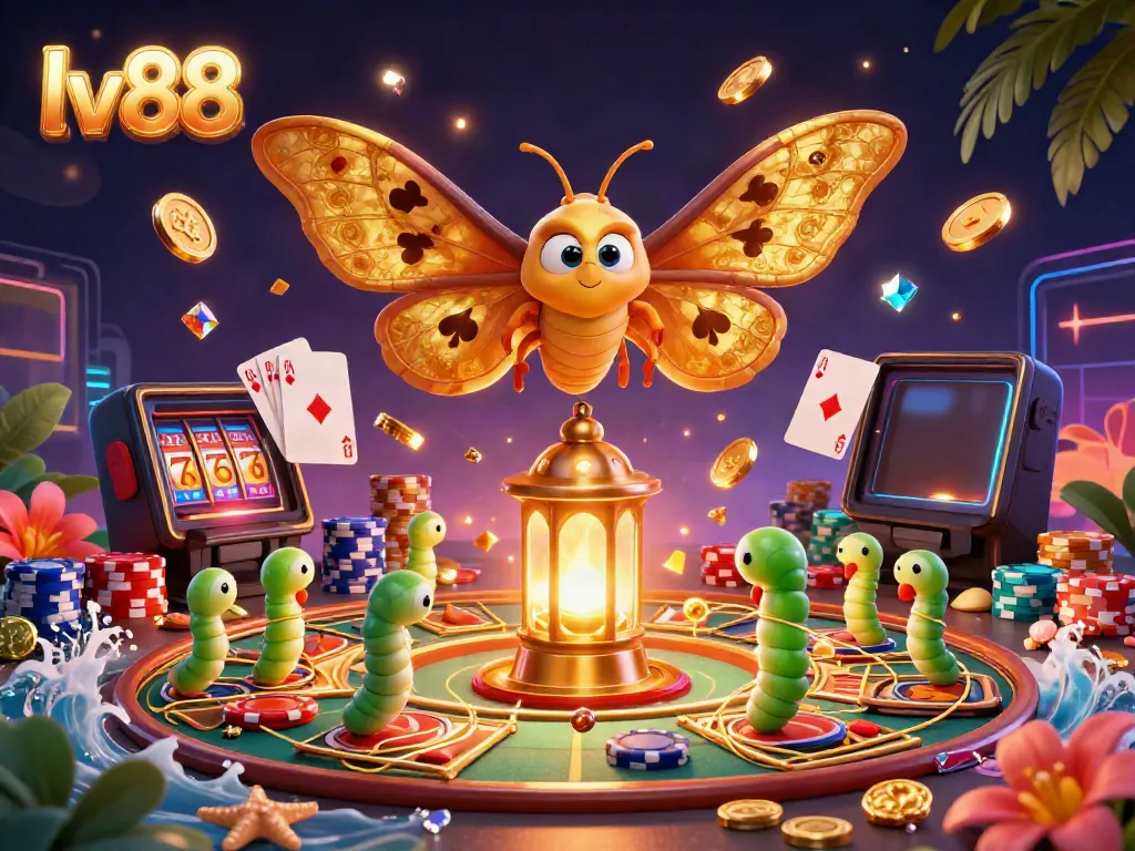 Experience dynamic casino gaming with lv88 featuring vibrant casino scenes and a majestic moth.