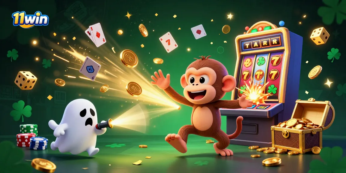 Experience the thrill of 11win as a playful poltergeist monkey juggles gold coins and casino games in a vibrant gaming scene.