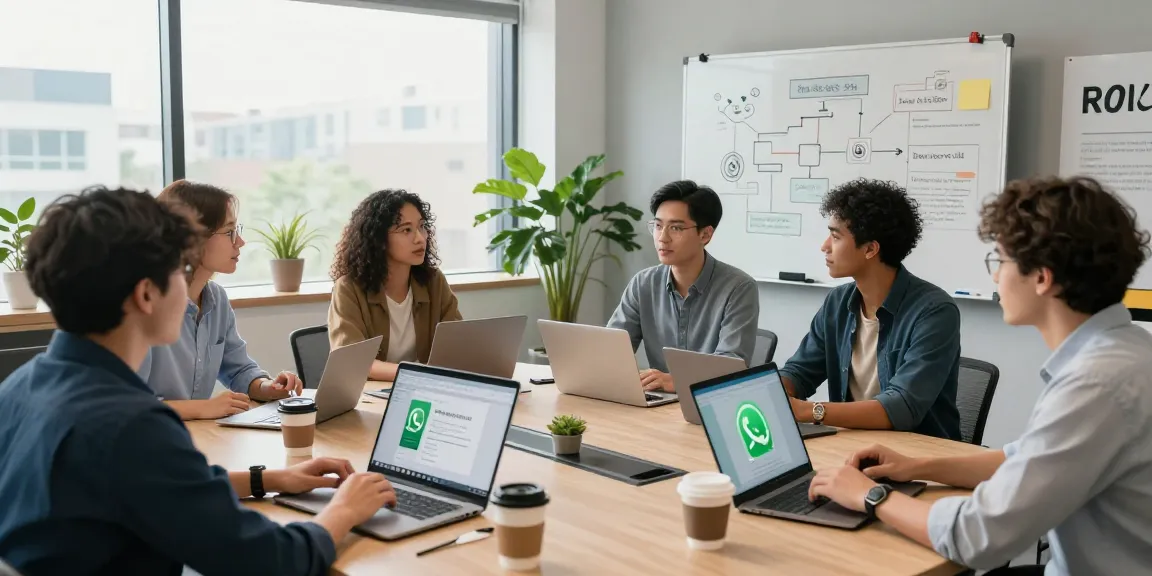Team collaborating on WhatsApp電腦版 in modern office setting, showcasing effective communication.