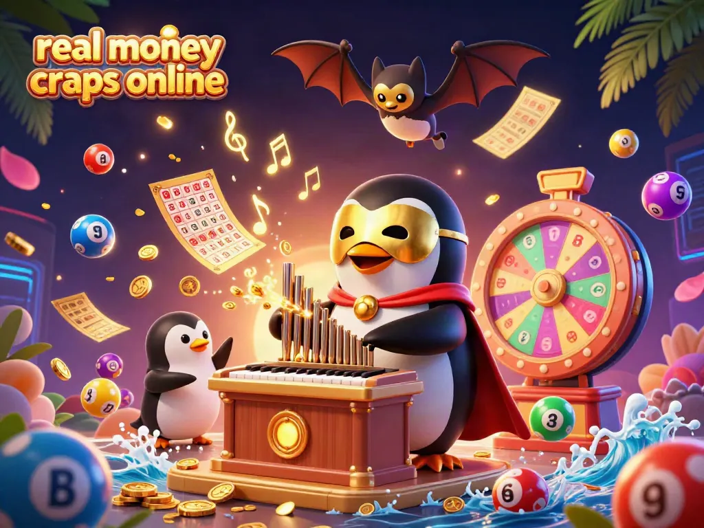 Experience real money craps online with a vibrant 3D scene featuring a penguin playing an organ shooting coins.