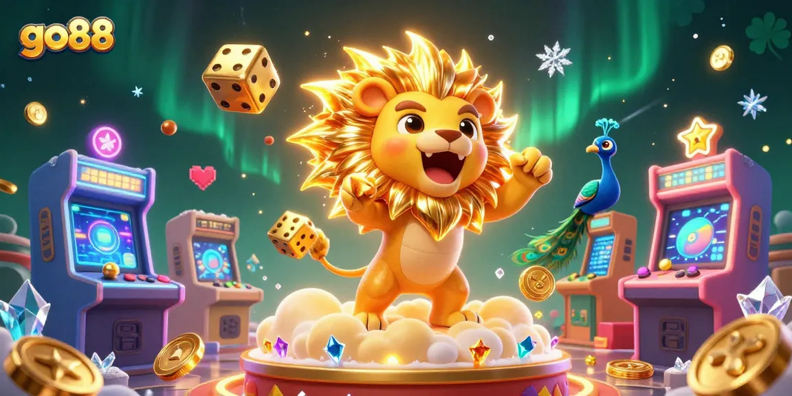Experience the thrilling go88 gaming world featuring a roaring sun lion, golden dice, and vibrant arcade elements.