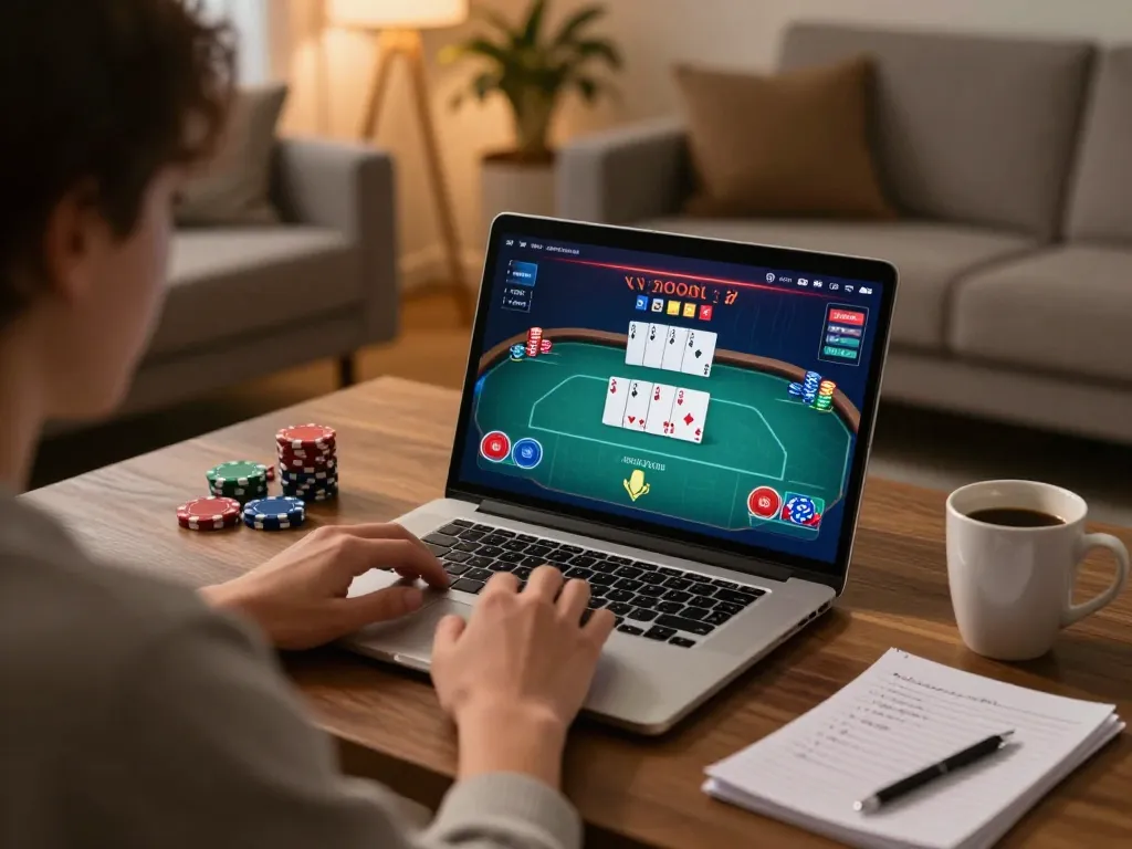 Engaged in a poker game using the LOTO188 LINK for strategic online gambling at home.