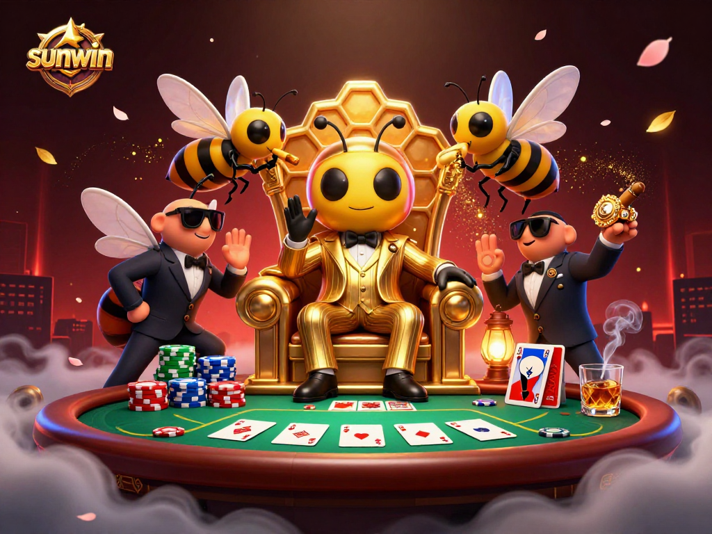 Engage with sunwin while betting at the poker table surrounded by buzzing characters and vibrant casino décor.