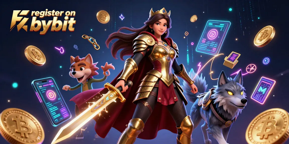 Register on Bybit for crypto trading with a powerful warrior queen and her wolf companion amidst glowing digital currencies.