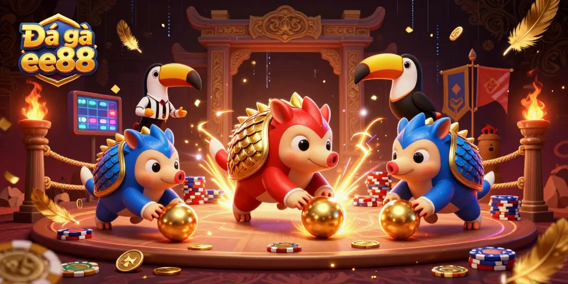 Experience the thrill of Đá gà ee88 in a vibrant scene with rival pangolins battling amidst poker chips and gold.