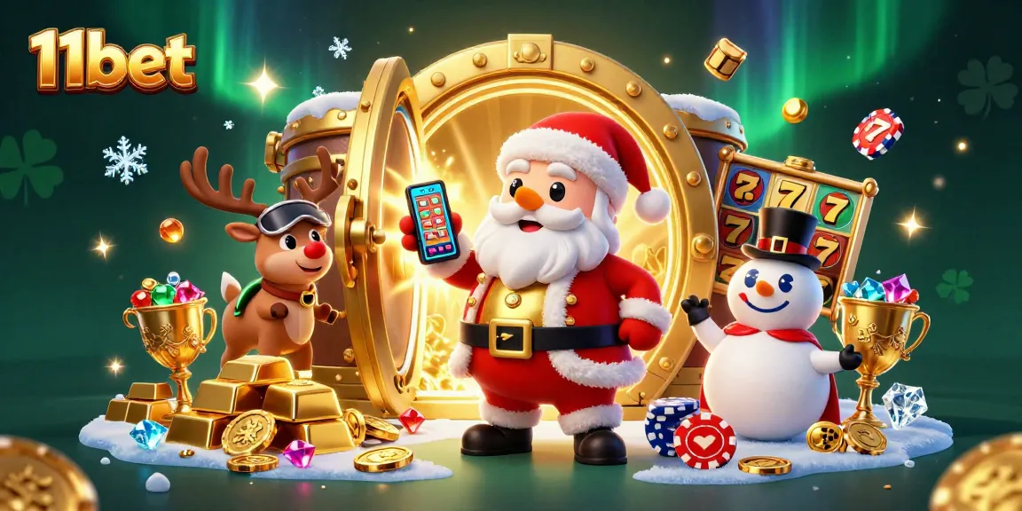 Experience the thrill of 11bet with Santa Claus, reindeer dealer, and poker chip snowman in a vibrant casino scene.