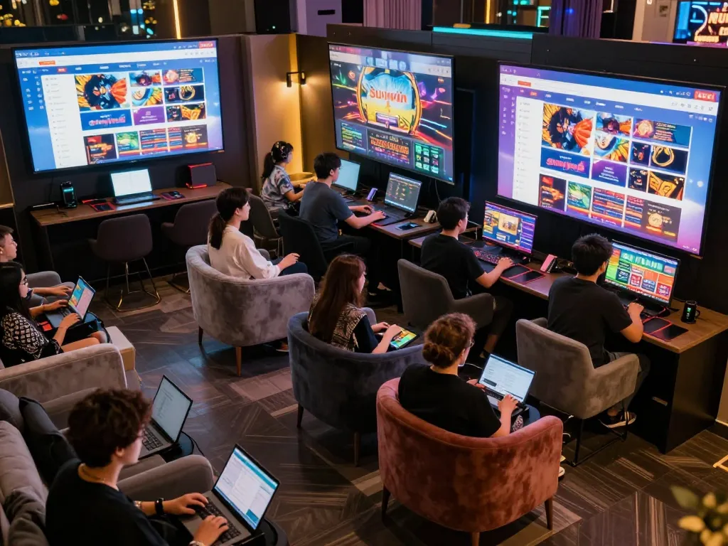 Players enjoying a dynamic online gaming experience on the sunwin platform in a modern lounge.