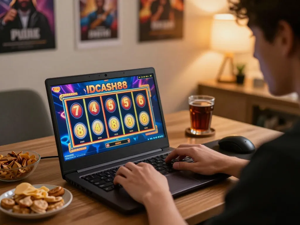 Engaged player spinning reels on IDCASH88 Slot in comfortable home gaming setup with snacks.