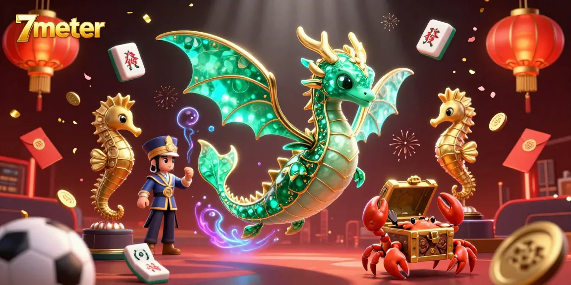 Engage with 7meter's dynamic betting scene featuring a floating sea dragon and sports elements.