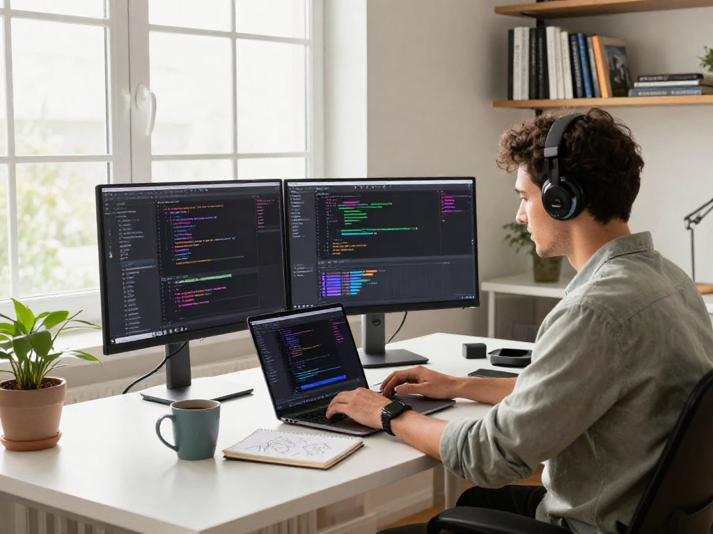 Personaje utilizando Immediate Edge para desarrollar software en un espacio de trabajo moderno.