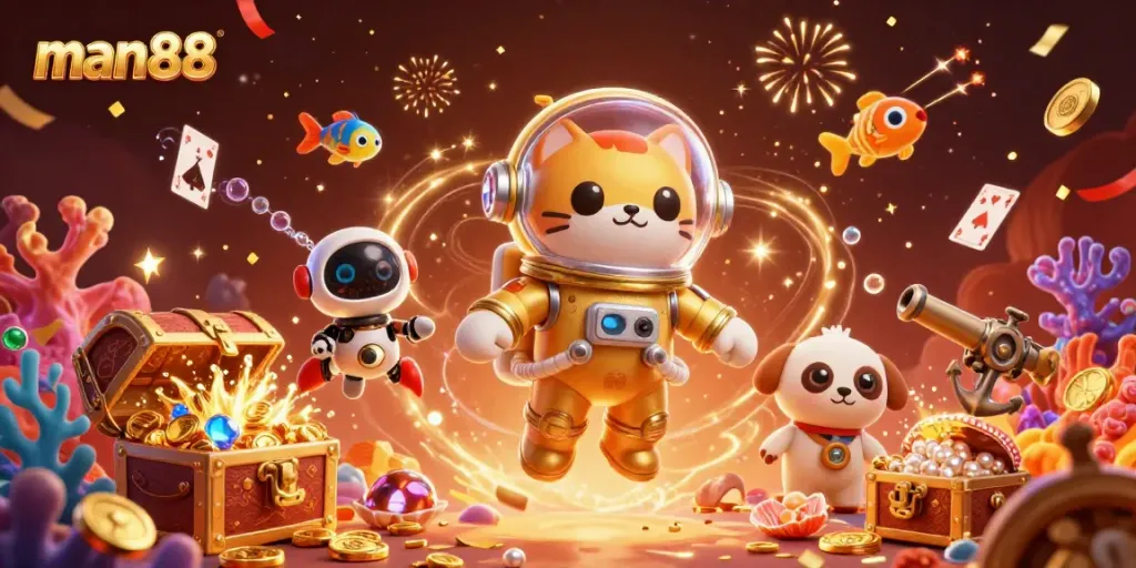 Experience the thrill of gaming with man88 as a cartoon astronaut cat and robot dog explore a cosmic casino.
