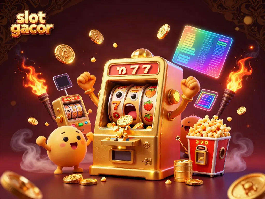 Spin the reels with slot gacor, a golden slot machine celebrating a jackpot amidst cryptocurrency and cheering baby machines.