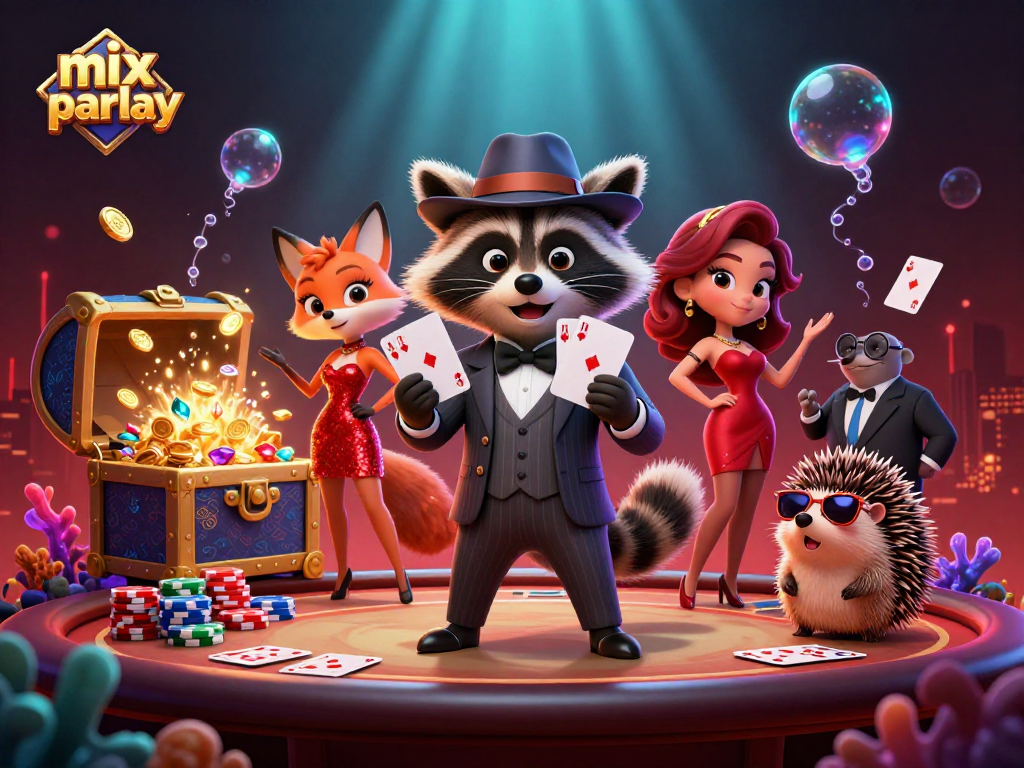 Engage in mix parlay excitement with a suave raccoon, stylish fox, and a hedgehog at a vibrant poker scene.