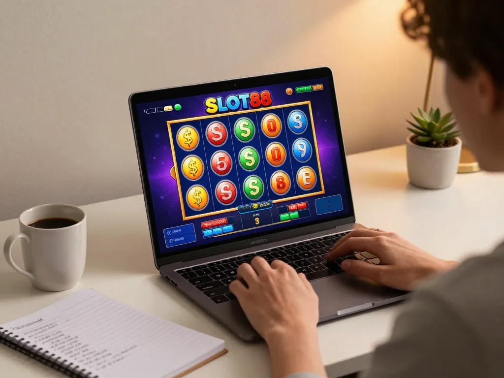 SLOT88 player immersed in online slot game with vibrant reels and strategy notes beside.