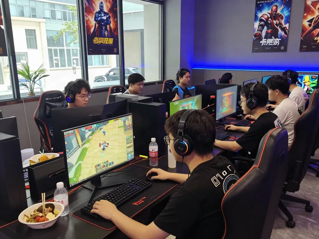 Exciting QQMacan gaming café atmosphere with players engaged and vibrant setups.