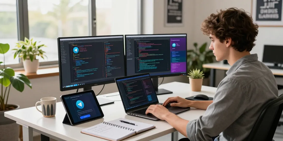 Focused developer coding Telegram Download in a modern workspace with dual monitors and bright natural light.