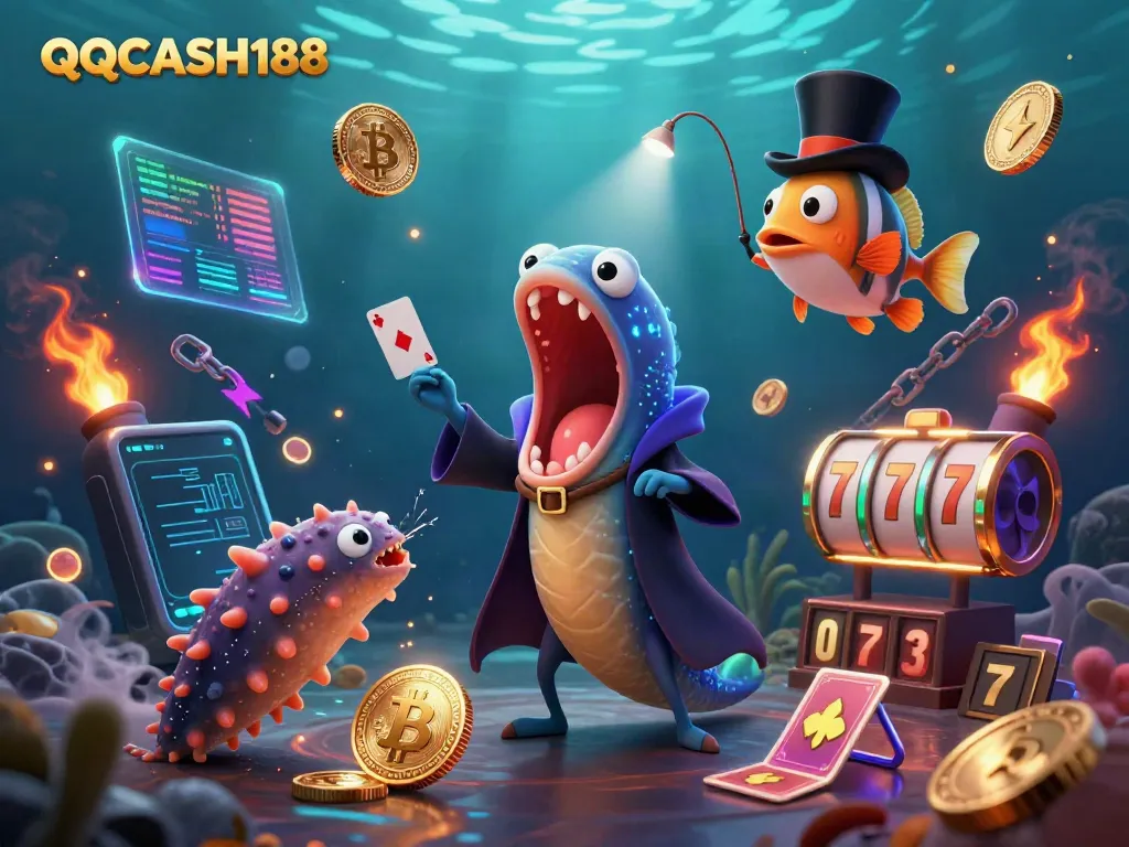 Experience the thrill of QQCASH188 with a vibrant underwater scene featuring a deep-sea magician and dynamic gambling elements.