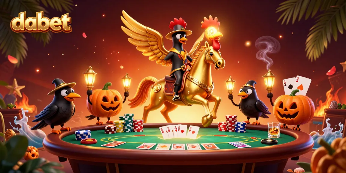 dabet's golden rooster character rides through a vibrant casino scene surrounded by poker elements.