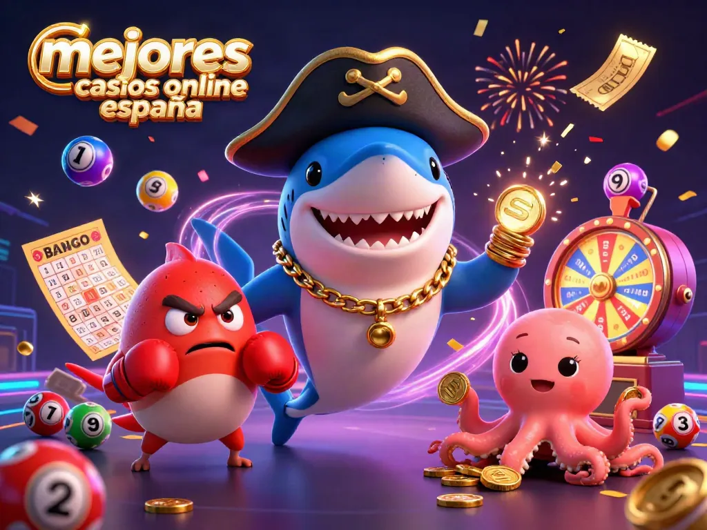 Ilustra los mejores casinos online España con un tiburón pirata y un pez globo en acción.