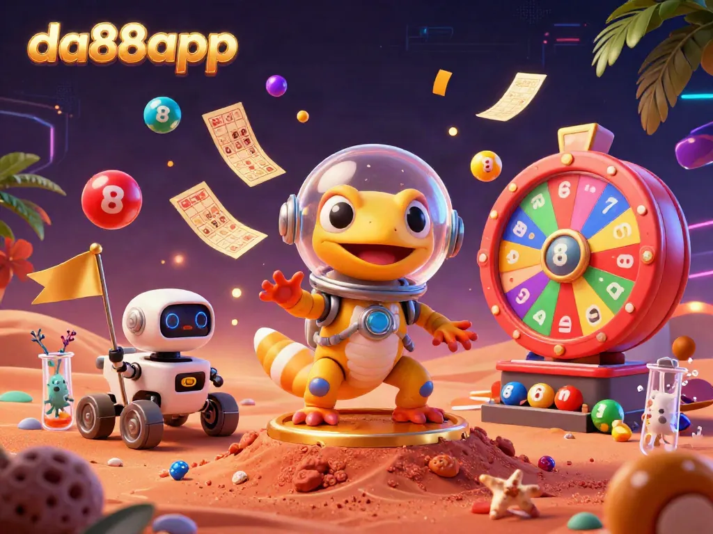 Engage with da88app as a Martian gecko discovers a buried golden casino among vibrant lottery elements.