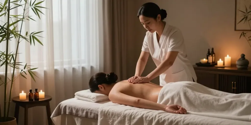 안산출장안마 in a luxurious spa setting, professional therapist delivering a soothing massage treatment.