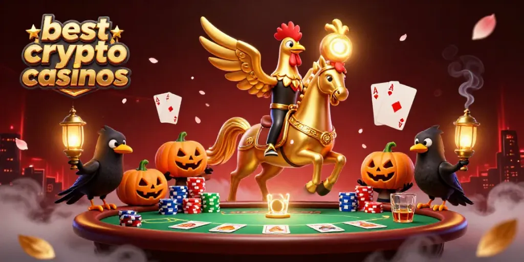 Experience the thrill of the best crypto casinos with a golden rooster headless horseman in action, surrounded by vibrant gaming elements.