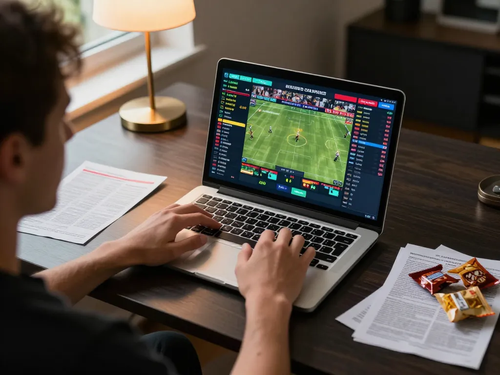 Player engaging in sports betting on xx88 using laptop and live game feeds