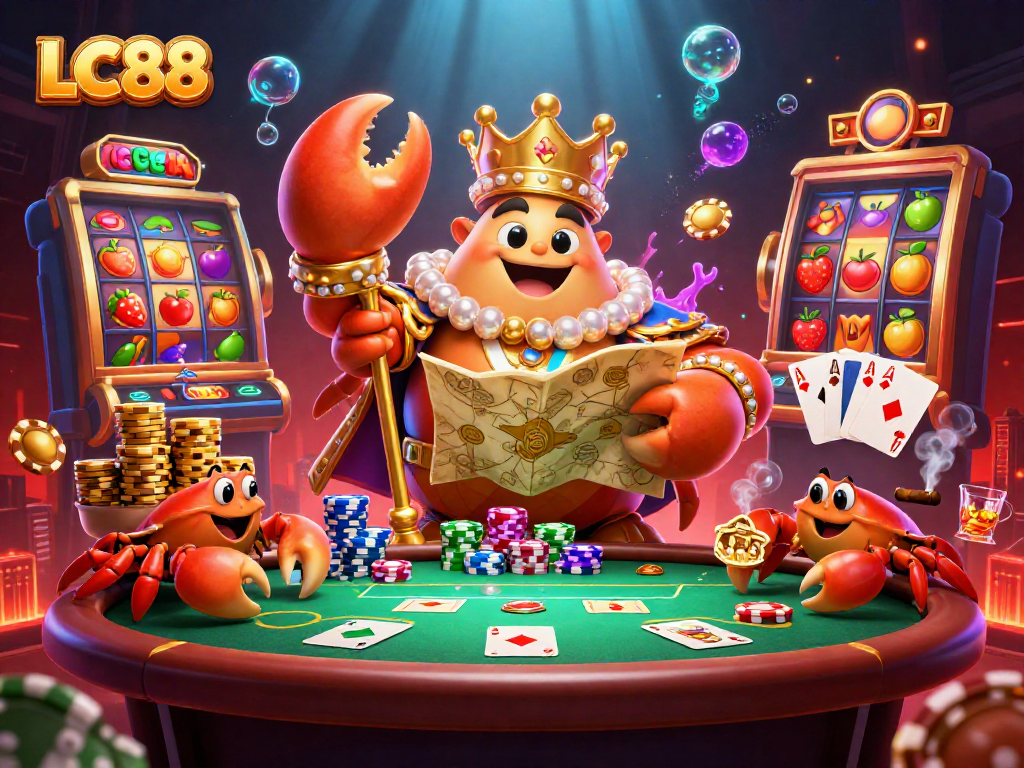 LC88 showcases vibrant entertainment with a golden crab emperor in a dynamic casino atmosphere.