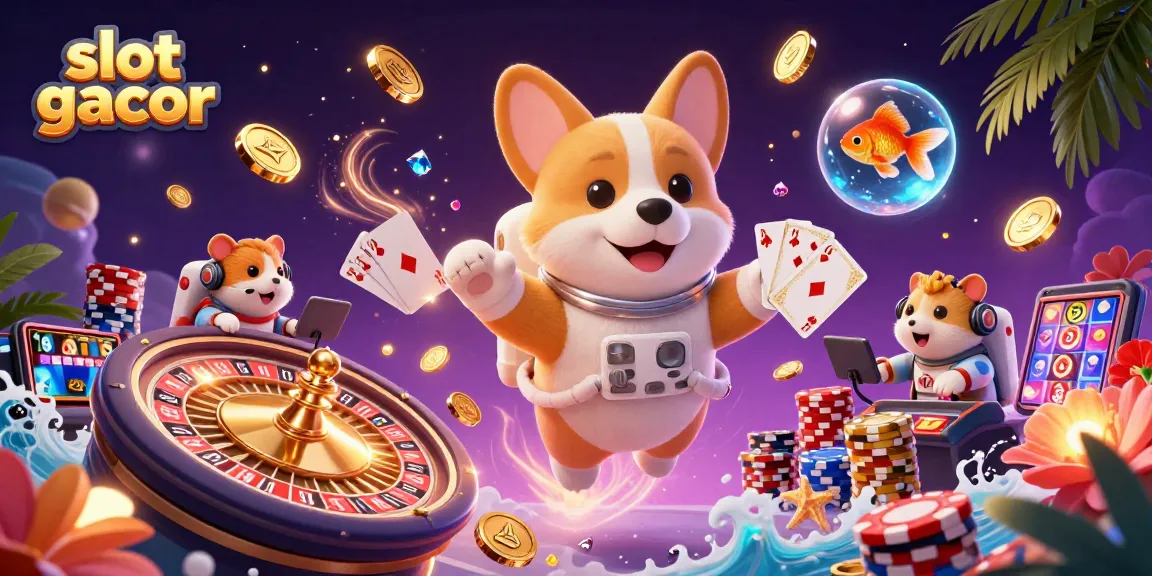 Experience the excitement of slot gacor with a floating corgi in a space casino, surrounded by dazzling treasures.