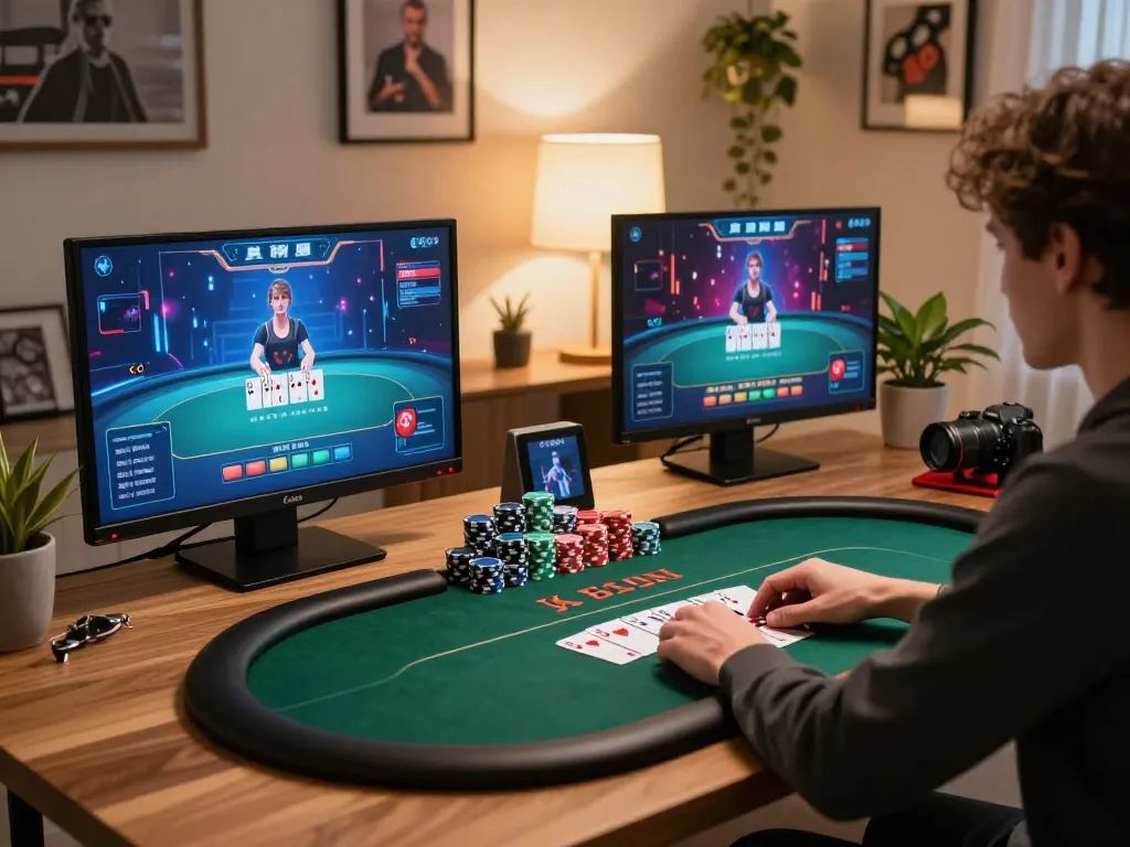 Engaging in high-stakes poker at spacucina's online platform, showcasing a modern gaming setup.