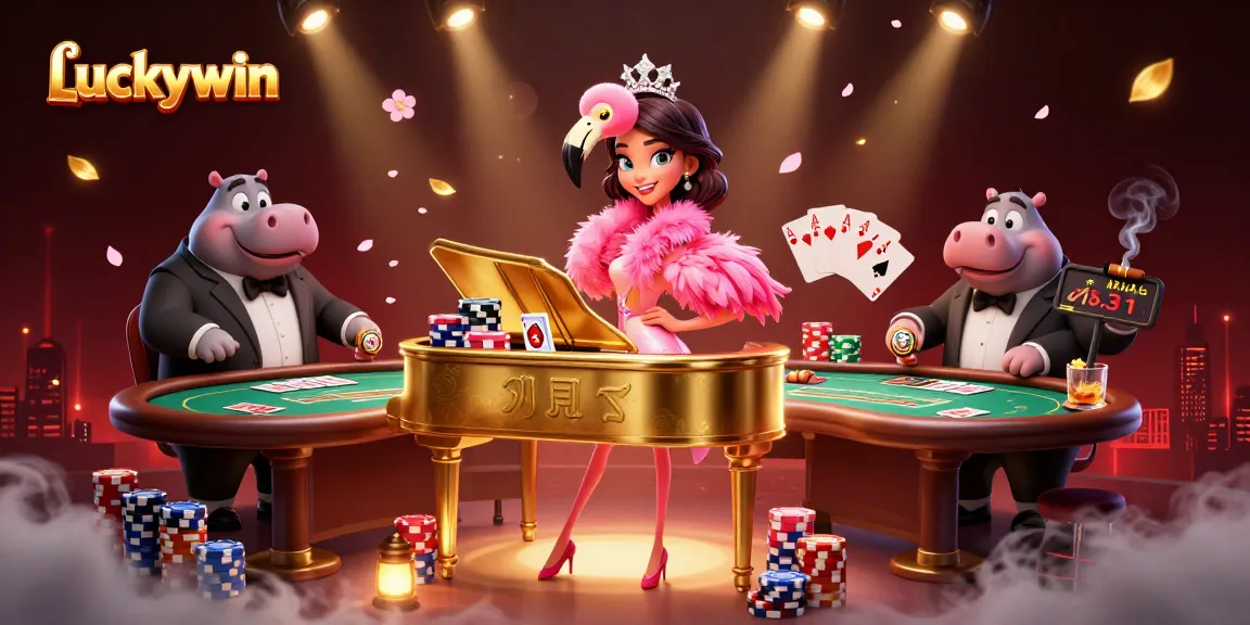 Luckywin offers thrilling casino action featuring a flamingo singer and hippo bassist in a vibrant scene.