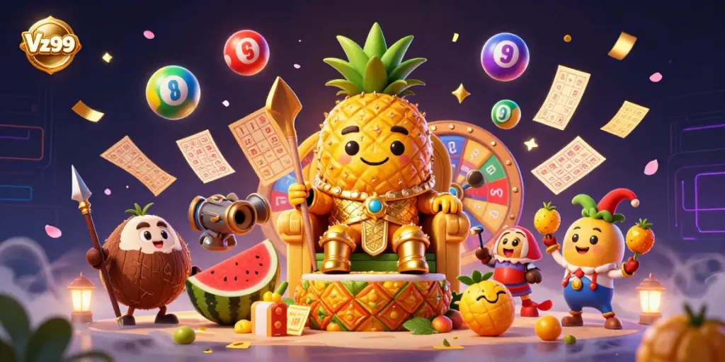 Experience the vibrant Vz99 casino world with a dynamic scene filled with colorful lottery elements and characters.